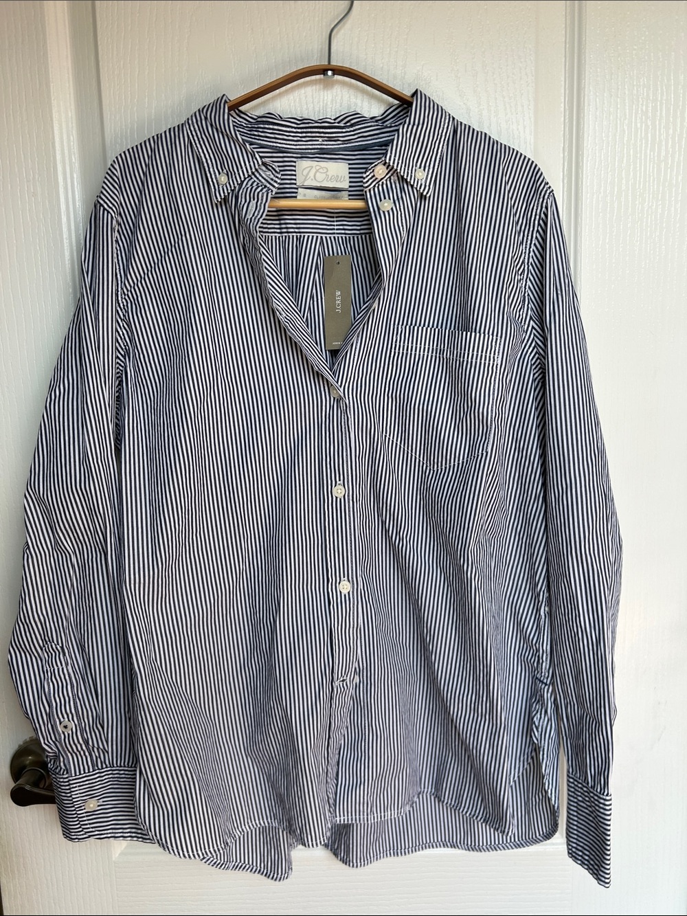 J. Crew Women’s Navy and White Vertical Stripe Button-Down Shirt- Size 12